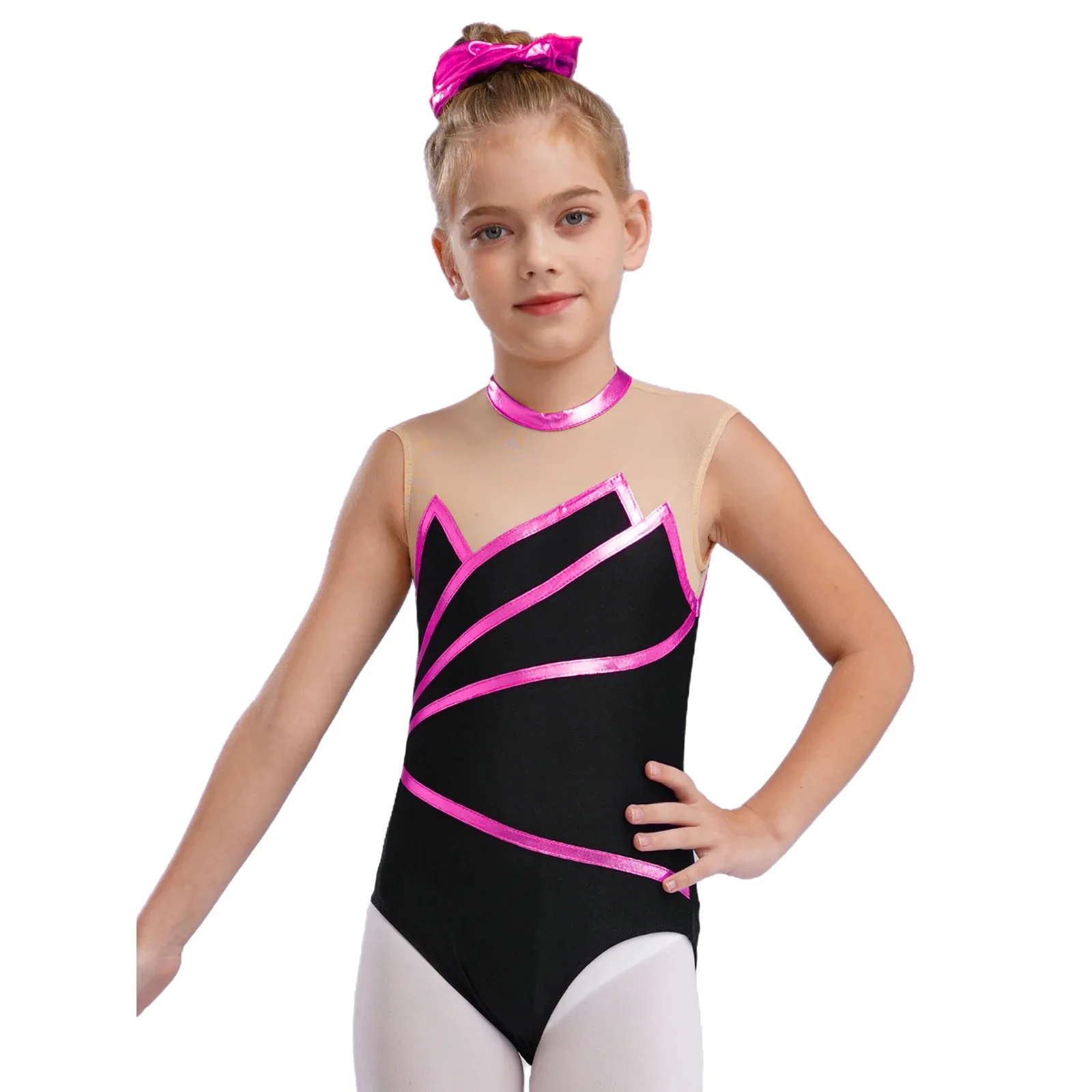 Kids Girls Metallic Striped Ballet Tights Jumpsuit Gymnastics Leotard Figure Skating Dance Costume Sheer Mesh Bodysuit Dancewear