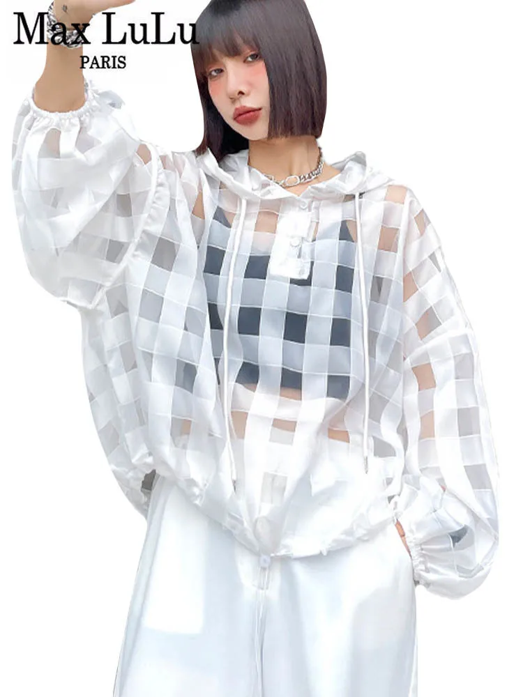 Max LuLu Summer 2022 British New Design Female Plaid White Hooded Sweatshirts Womens Sexy Punk Hoodies Ladies Oversized Clothes