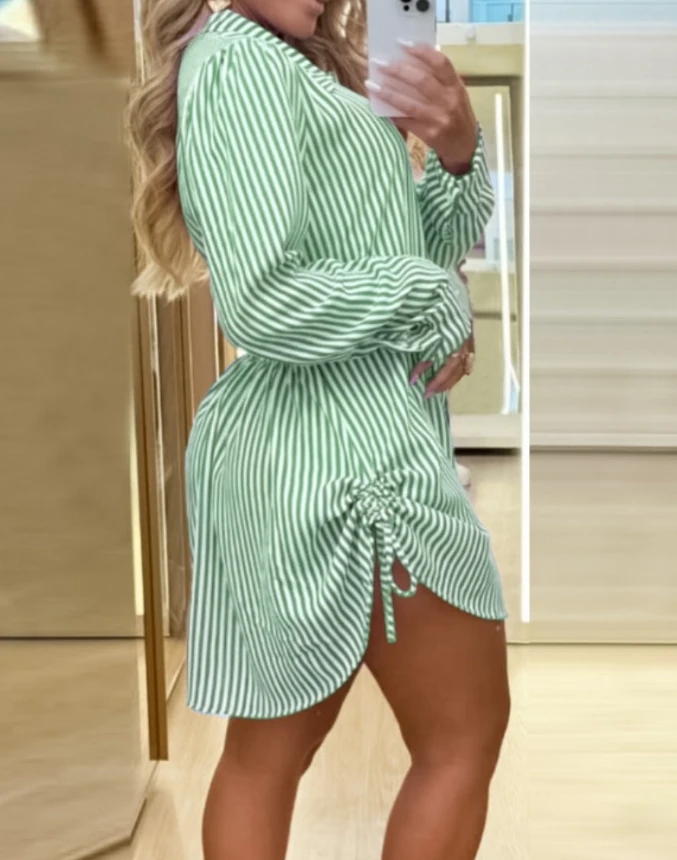 New Style for Women 2024 Spring Summer Mini Dresses Casual Simple Long Sleeve Striped Side Drawstring Buttoned Shirt Dress