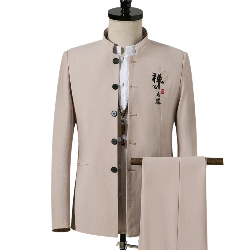 Traditional Chinese Style Men Stand Collar Suit Coat Long Sleeve Jacket Pants Groom Blazers 2 Pcs Office Wear Trousers