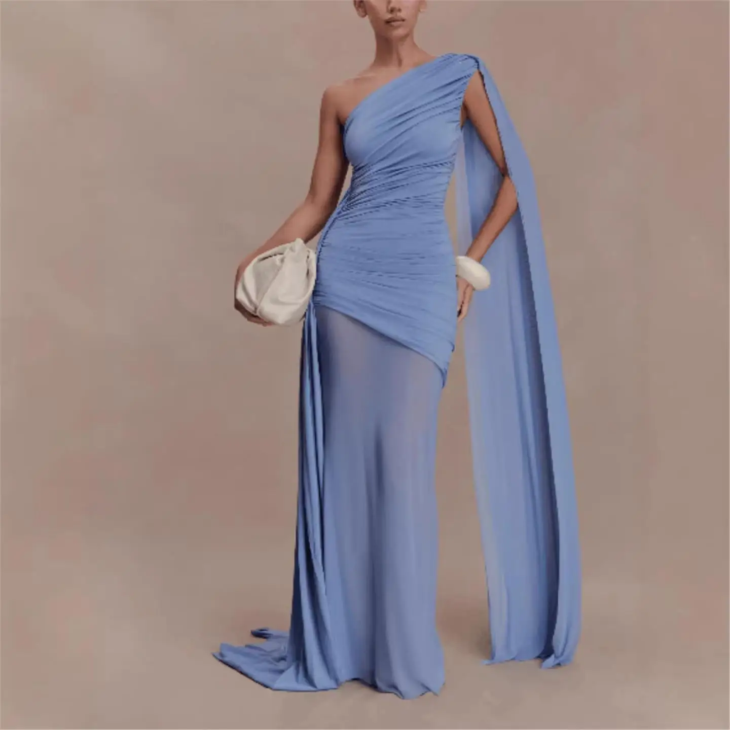 Cross-Border Women's New Style Mesh Splice Oblique Shoulder Shawl Slim Party Dress Evening Gown High Waist Ball Gown