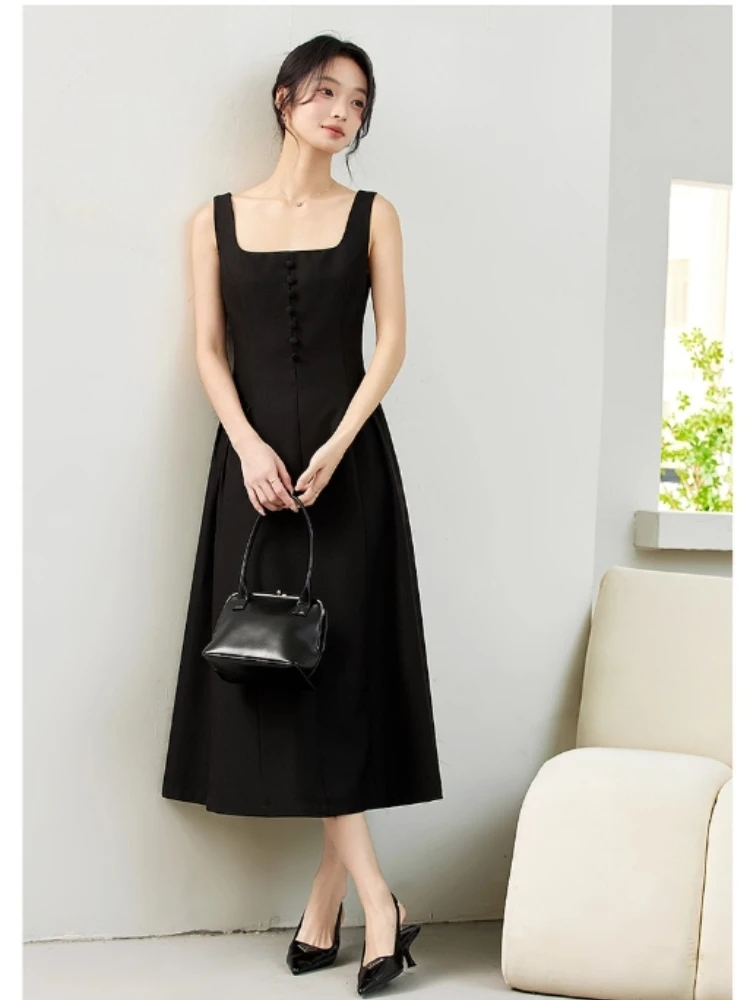 VIMLY Black French Square Neck Suspender Dress 2025 Woman Autumn Sleeveless Waist Vest Buttons Waist Long Ladies Dress A1709