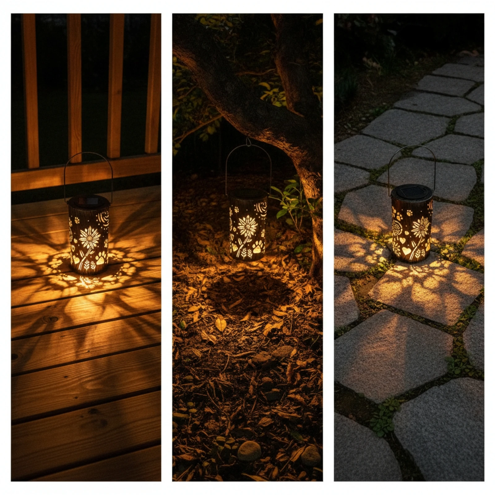 Solar Lantern with Handle Decorative Solar Lantern Patterned Cylindrical for Patio, Yard