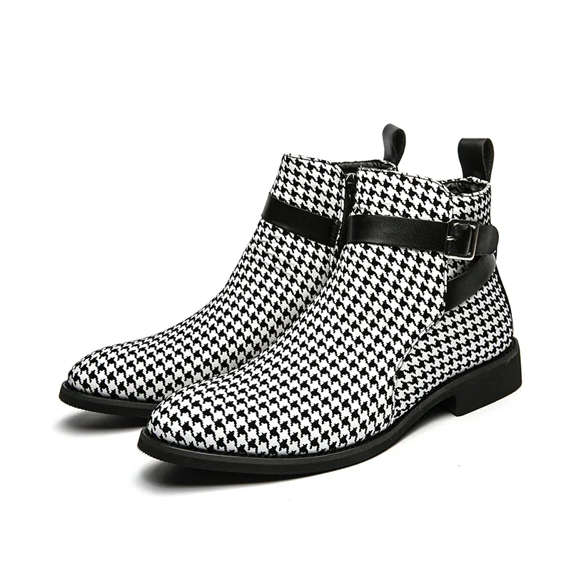 Ankle Boots for Men Business Plaid Buckle Strap Pu Leather Cowboy Boots Chelsea Boots Men