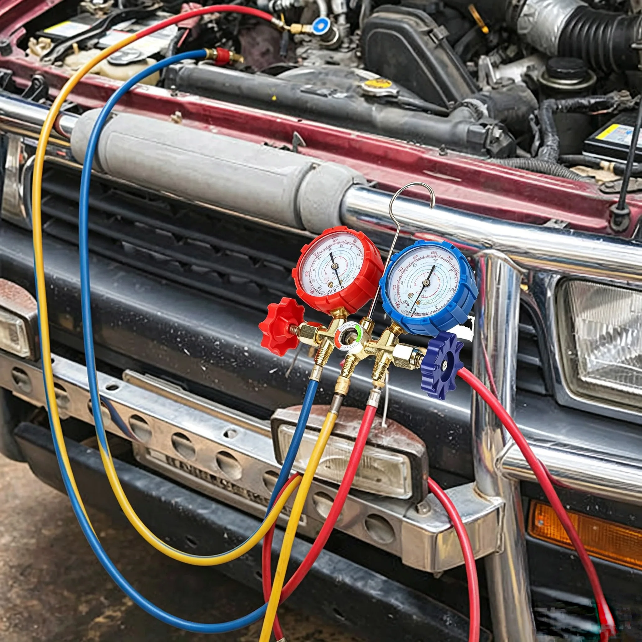 Air Conditioning Manifold Gauge Set Featuring Dual Pressure Monitoring Capability for Refrigerant Charging and System Evaluation
