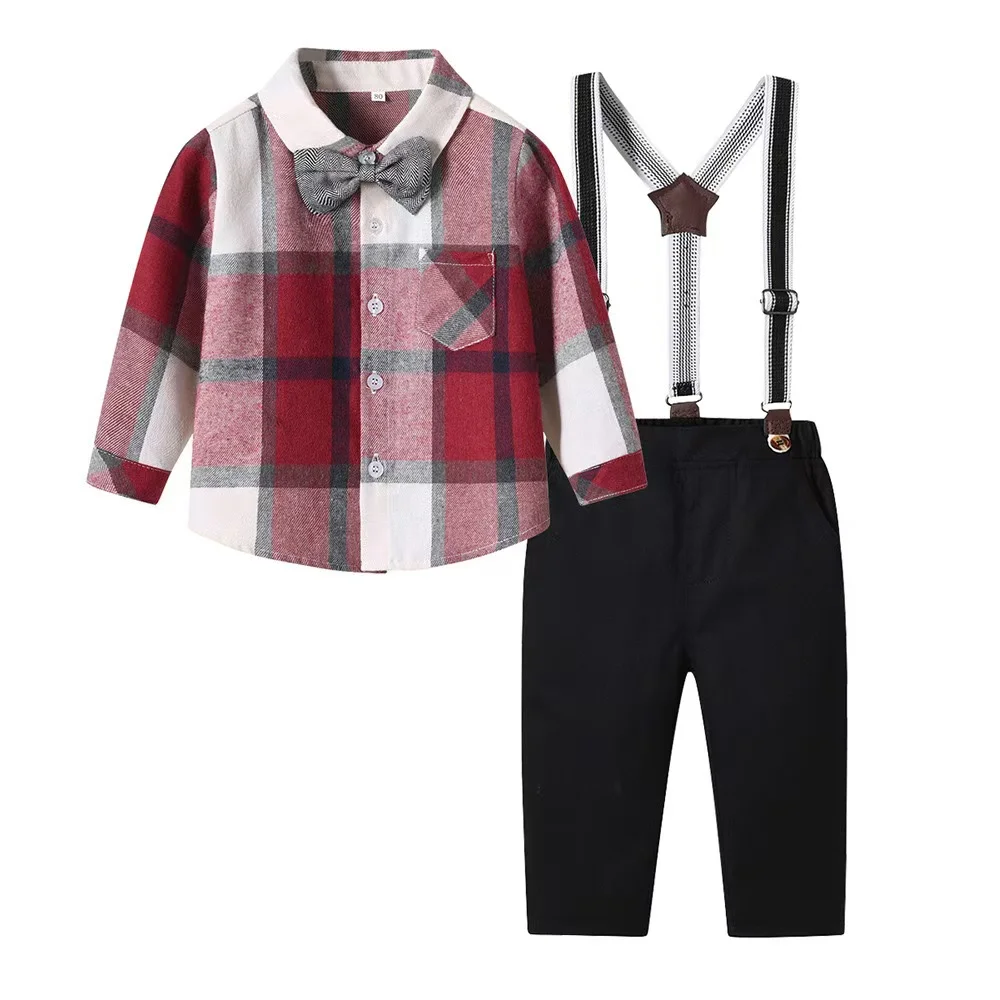 

Autumn Plaid Long-sleeved Shirt With Boys Gentleman Strap Trousers Boy Suit European and American Children Suit Dress 2025 New