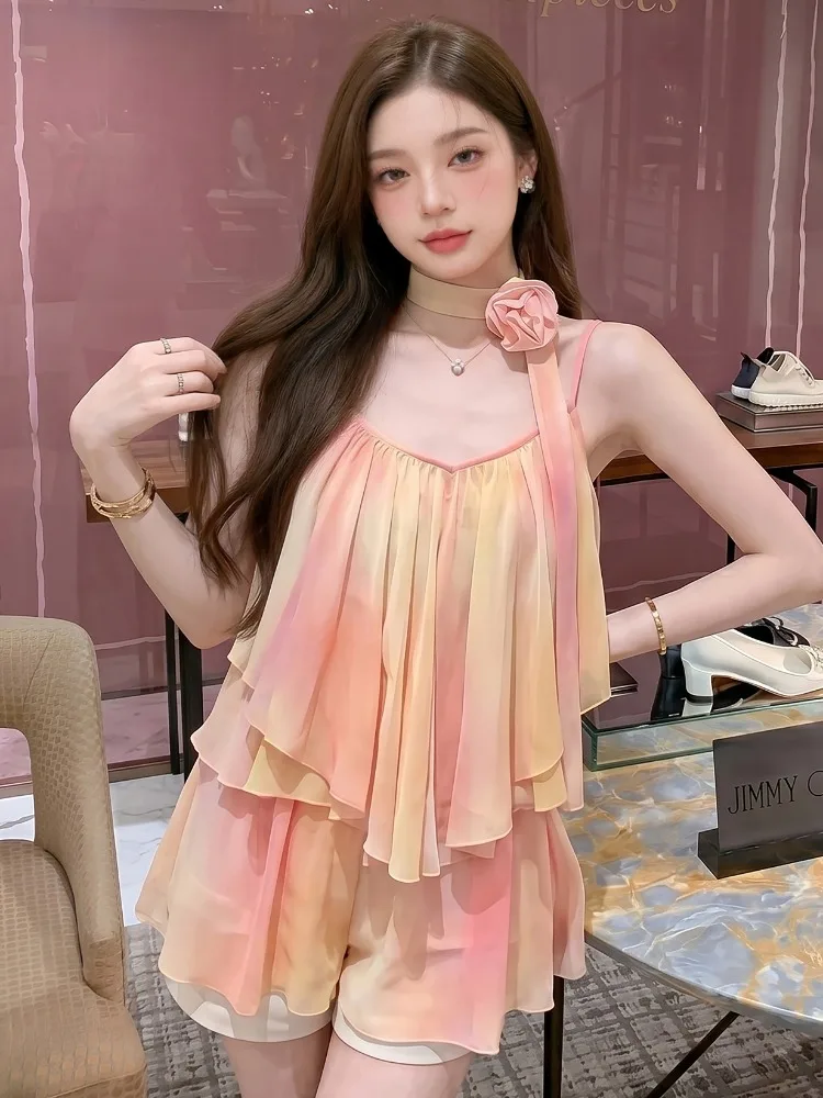 

Beach Vacation Style Gradient Color Chiffon Vest Women's Loose Slimming Summer Top City Walk Printed No Sleeve Short Length