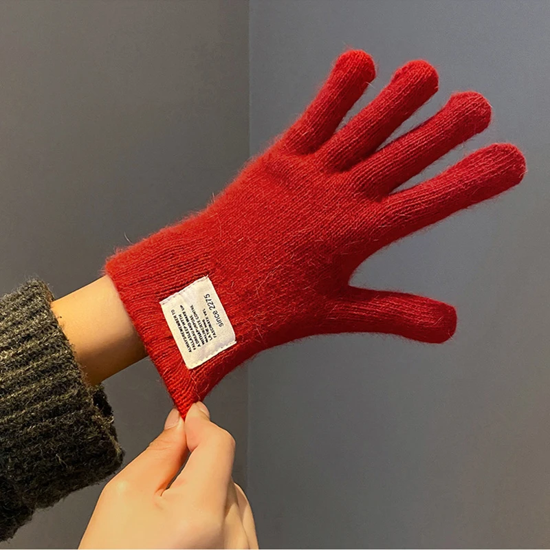 Luvas femininas de malha sólida outono inverno mão quente engrossar pulso curto feminino luvas de dedos completos inverno equitação esqui luvas
