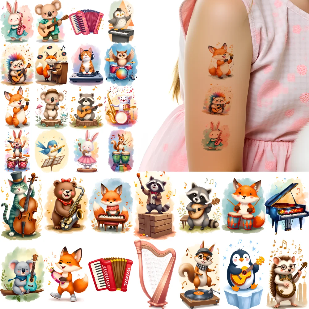 

54 шт., временные татуировки, животные, музыканты, персонажи мультяшных инструментов, временные татуировки, наклейки для мужчин, щеки, дети