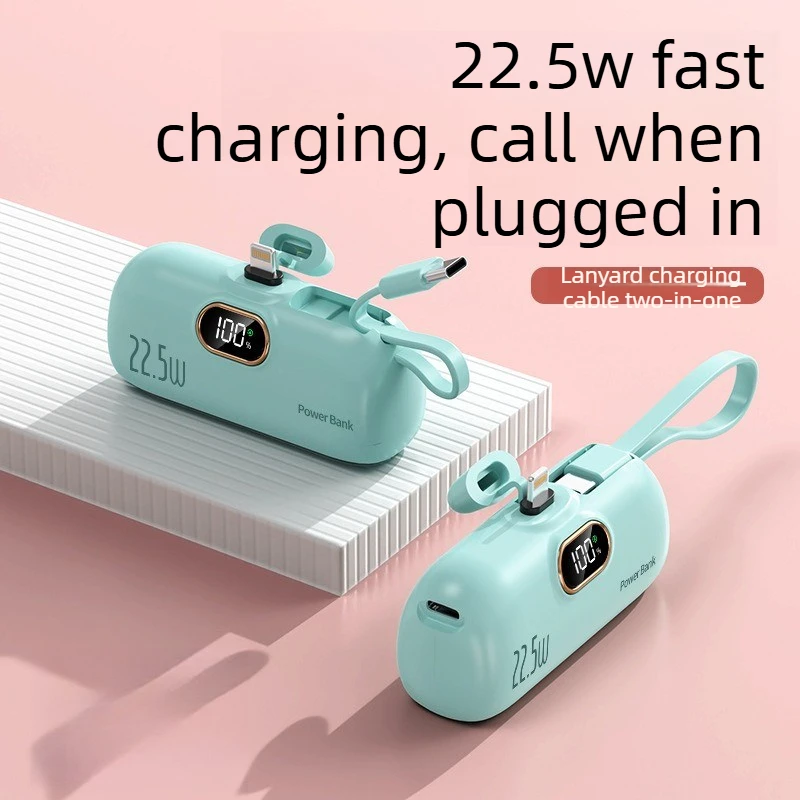 Capsule power bank 5000mAh mini ultra-thin, compact and portable with its own cable Android PD fast charging mobile power supply