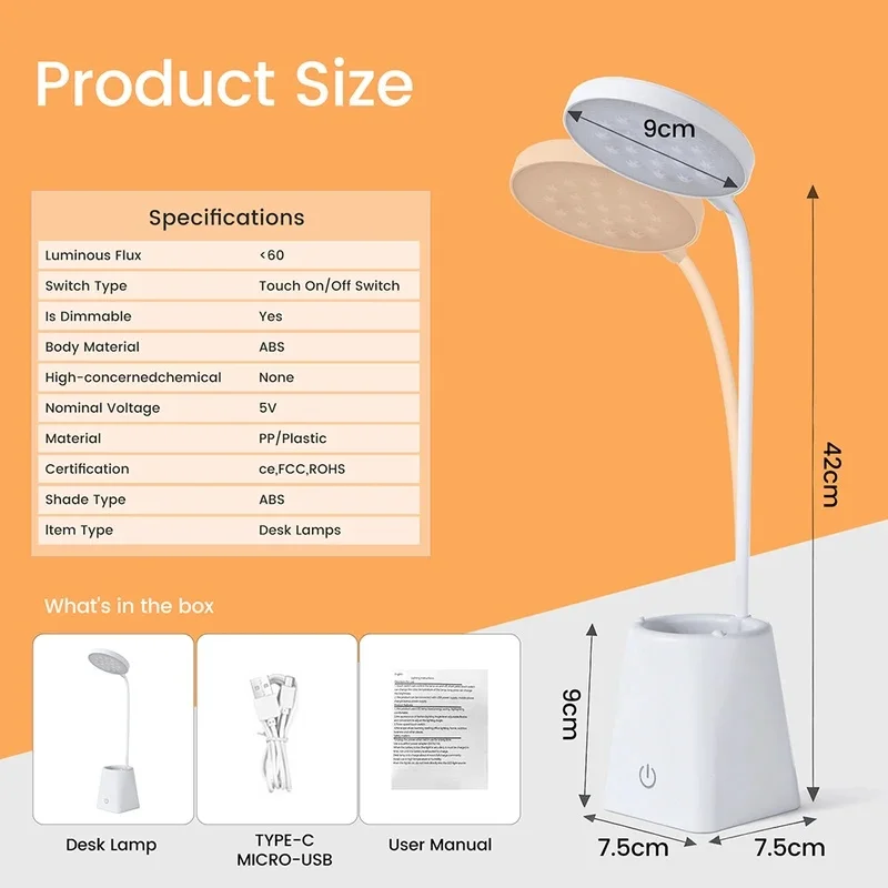 Flexible Gooseneck LED Desk Lamp with Pen Holder USB Rechargeable Touch Dimmable Study Light Student Office Home Decor Lamp