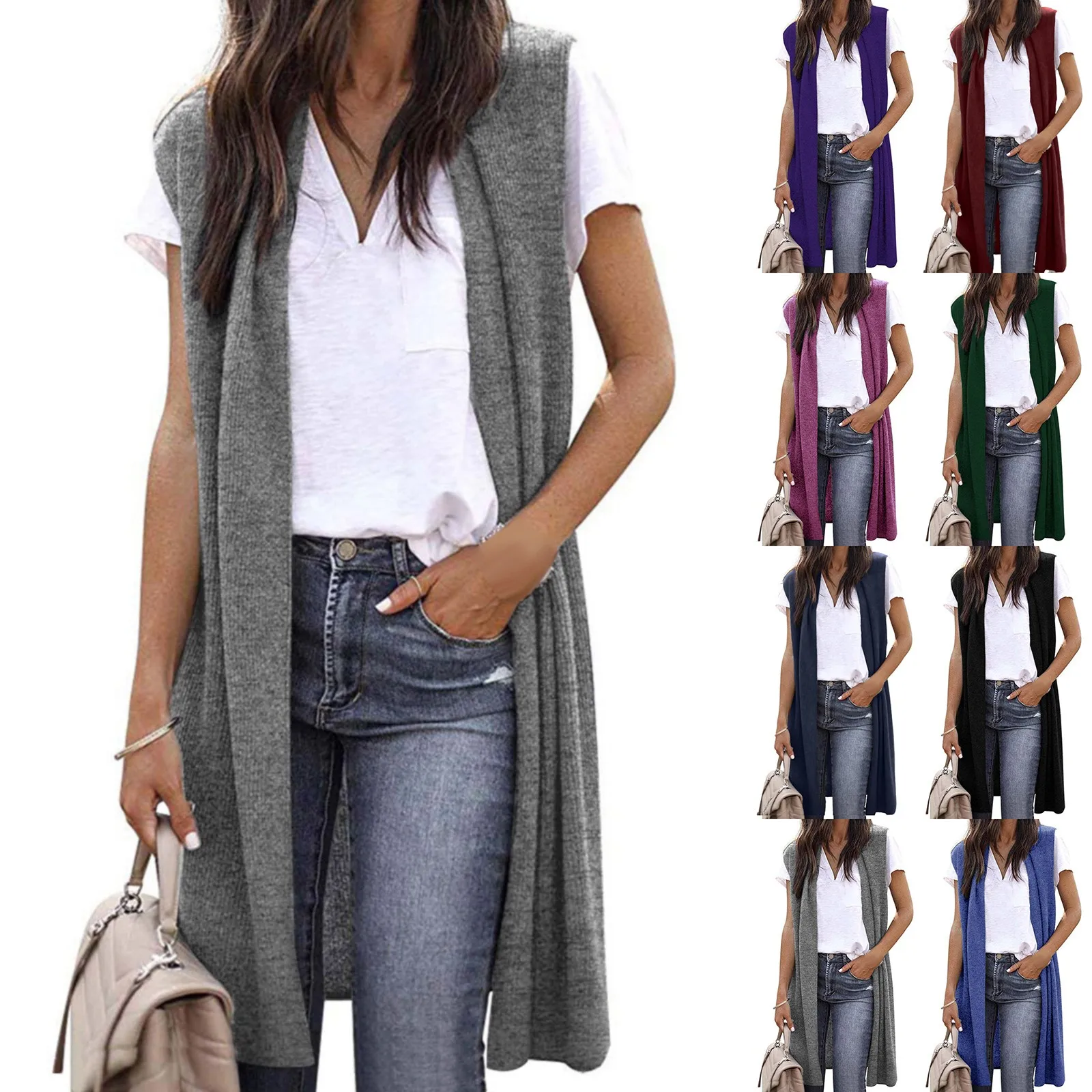 Women\'s Sleeveless Open Front Pocket Causal Lightweight Kimono Cardigan Coat