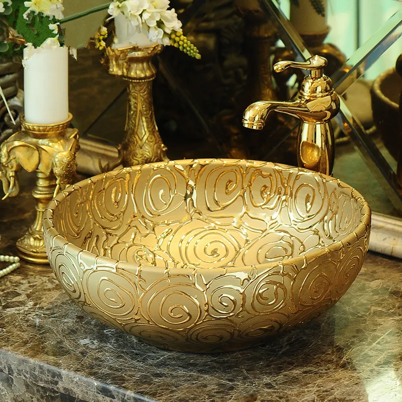 

Europe Vintage Style Ceramic wash basin Countertop Bathroom Sink bathroom wash basin golden rose carving