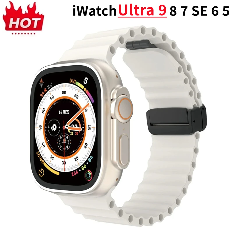 Correa con hebilla magnética para Apple Watch, pulsera de silicona de 49mm, 44mm, 45mm, 40mm, 41mm, 38mm, 42mm, Series iWatch 9, 8, SE, 7, 6, 5,