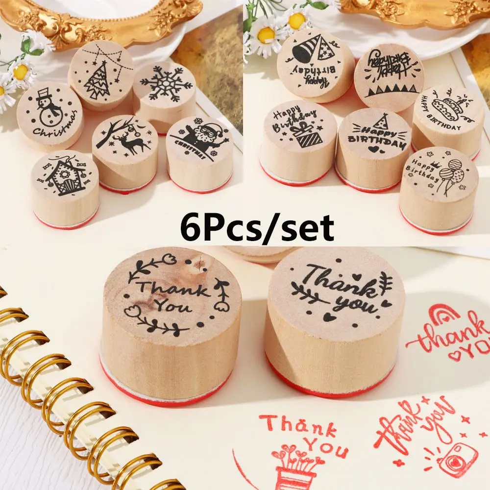 6pcs/set Thank You Wooden Rubber Stamps Happy Birthday Blessing Greeting Words Handmade Letter Stamp DIY Scrapbook Gift Decor