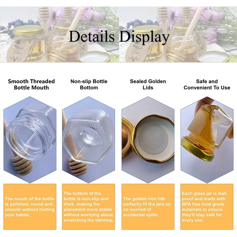 10/20Pcs Mini Hexagonal Glass Honey Pot Set Small Honey Pot Honey Pot With Golden lid Suitable For Baby Gifts Weddings Parties