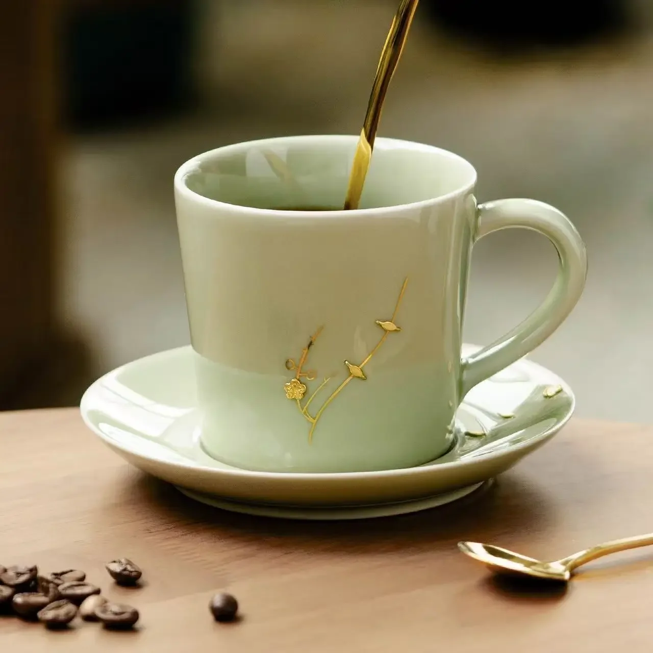 200ML Celadon Secret Glaze Ceramic Coffee Cup High-end Mug Exquisite Office Drinking Cup Plum Blossom Branch Household TeaCup