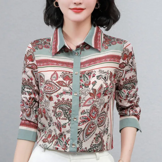 แฟชั่นลําลองเสื้อสํานักงานวินเทจพิมพ์แขนยาวสุภาพสตรีเสื้อ