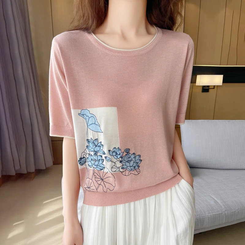 Summer New Short Sleeved Women's Round Neck Pullover Vest Lyocell 100% Tencel T-Shirt Fashionable Printed Contrasting Tops