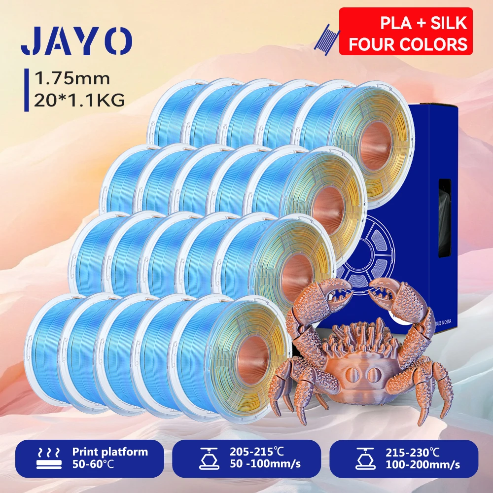 JAYO 20 Rollen 3D Zijde PLA Filament Vierkleurig PLA Plus 3D Printer Filament 1.75mm Glanzende Zijdetextuur 4-in-1 Kleurenfilament