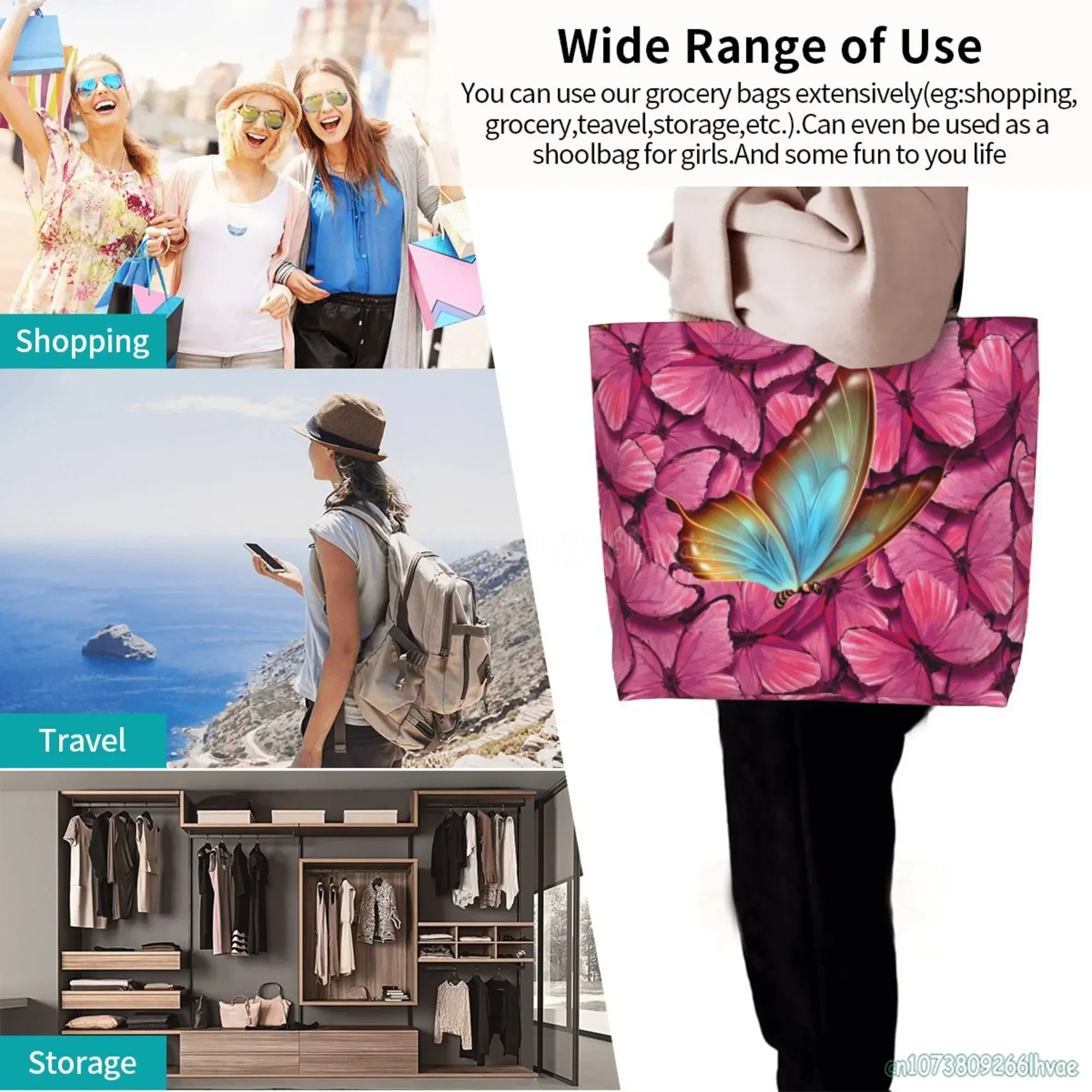 حقيبة كتف على شكل فراشات ملونة، حقائب حمل محمولة، حقائب تسوق بقالة ذات سعة كبيرة، حقيبة خفيفة الوزن وقابلة لإعادة الاستخدام وقابلة للطي