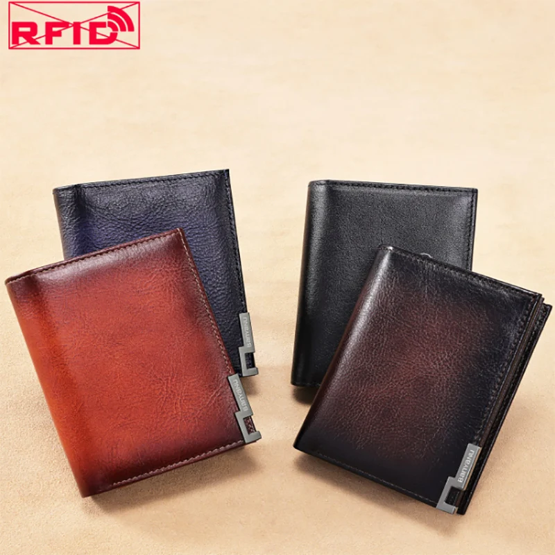 BANYANU Men's Genuine Leather Wallet RFID Anti-theft Top Layer Cowhide Zipper Card Holder Wallet Multifunctional Money Clips