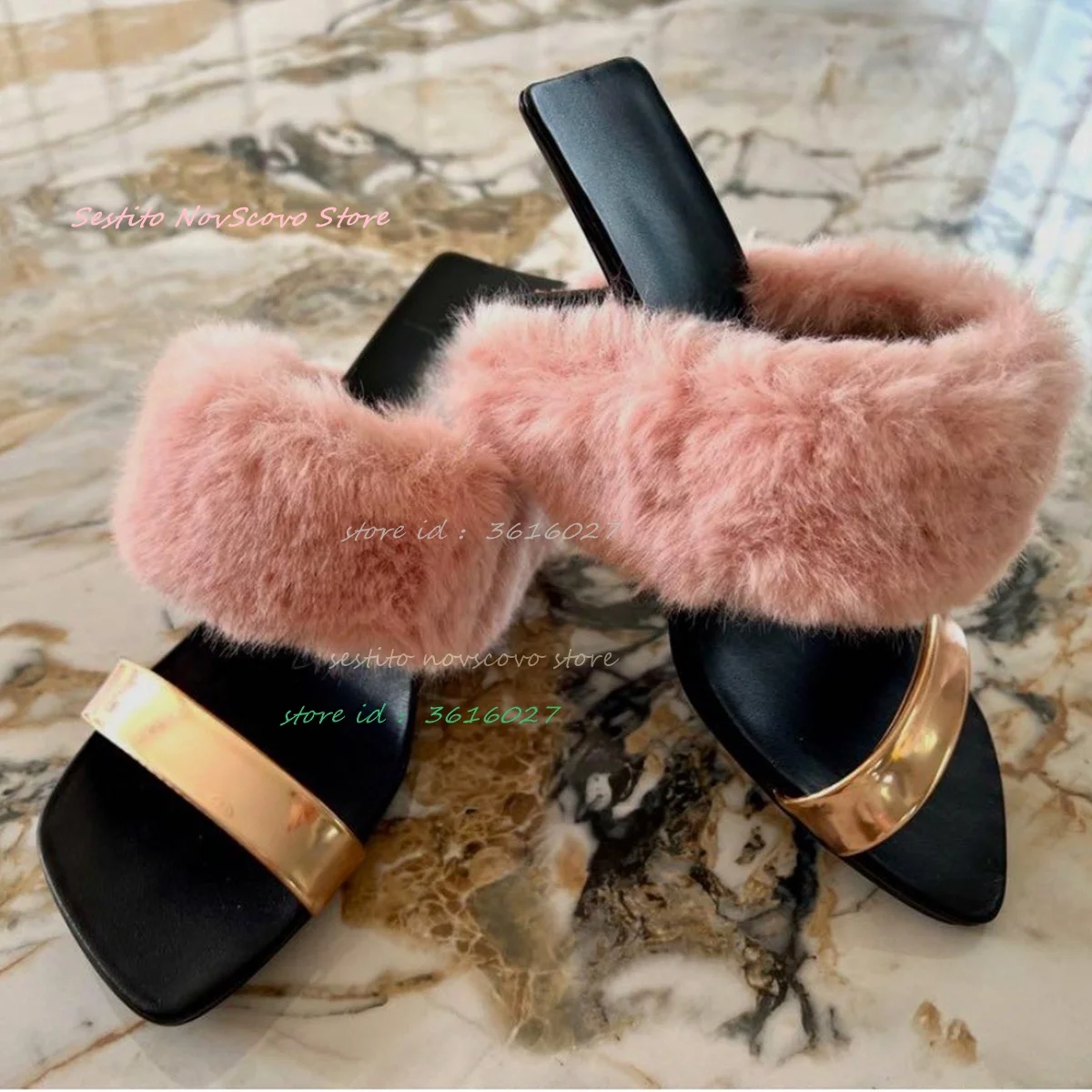 

Square Open Toe Faux Furry Sandals Strange High Heels Mules Slender Upper Sexy Women Classic Summer Daily Causal Slippers