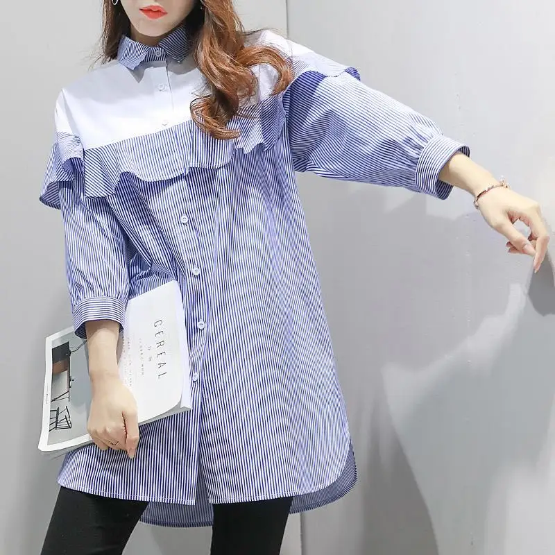 Korean Striped Midi Shirt Printed Stylish Ruffles Spliced Spring Summer Casual 3/4 Sleeve Female Clothing Single-breasted Blouse