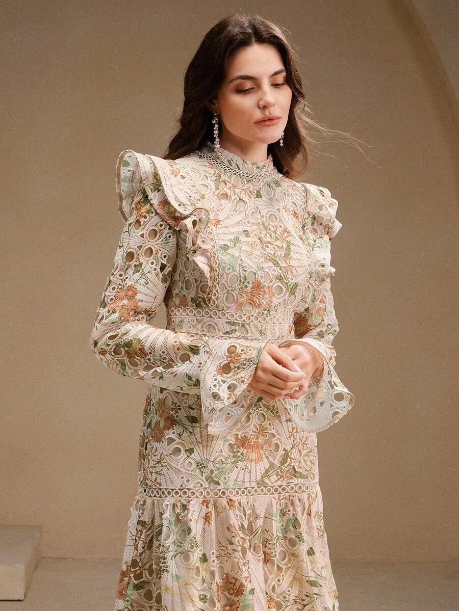 

Elegant French-Inspired Floral Lace Maxi Dress With High Neck, Bell Sleeves, Cinched Waist And Tiered Ruffle Skirt
