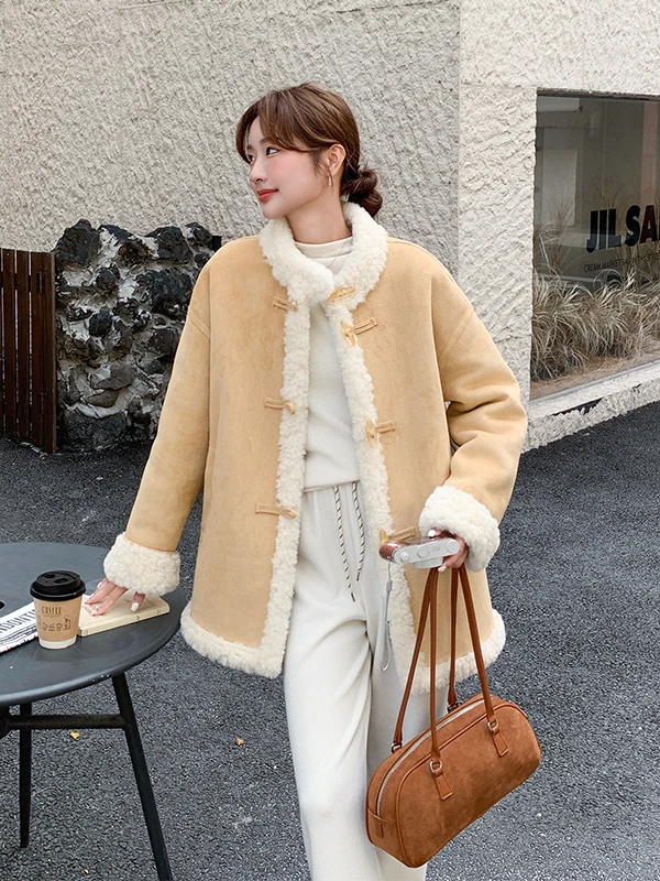 

i Color Leather Fur Inteated Button eepskin Coat Women's Autumn Winter New College Sle Fce Lined Thi Warm Cotto...