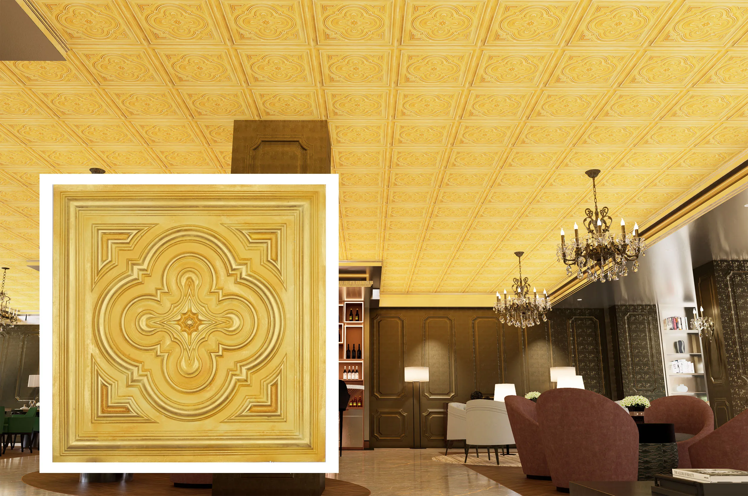 Faux Painting Ceiling Tiles Decorative Tin Wall Tile Emboss interior wall panel PL36 Golden 10pcs