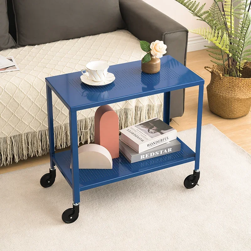 Colorful Double-Layer Mobile Side Table Rolling Dining Cart Sofa Coffee Table Home Living Room Party Drink Organizer