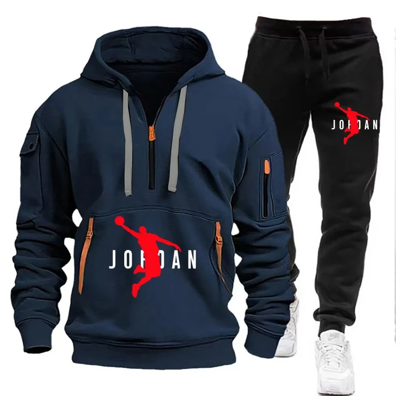 tuta da uomo con cerniera cappuccio multitasche e pantaloni protettivi tuta da jogging casual autunno/inverno set da 2 pezziTaglia grande S-3XL