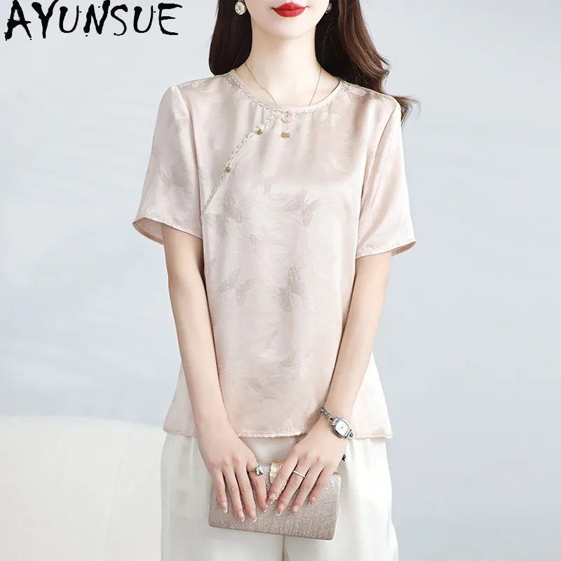 AYUNSUE 100% Real Mulberry Silk Woman Tops Short Sleeved Women T-shirts Chinese-style Jacquard Tshirt Summer Clothing 2026 티셔츠
