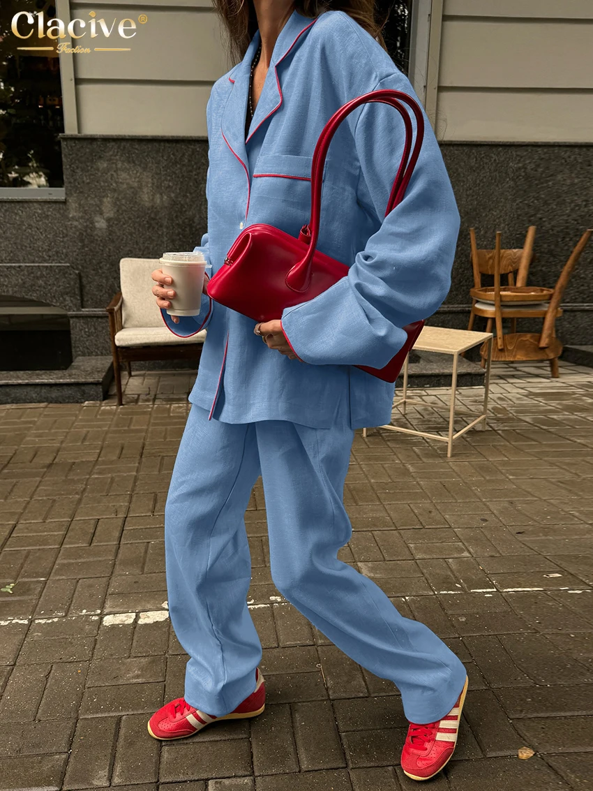 Clacive Mode Lose Blaue Baumwolle frauen Zwei Stücke Set 2025, Elegantes Langarm-shirt Mit Hoher Taille Breite Hosen set Weibliche