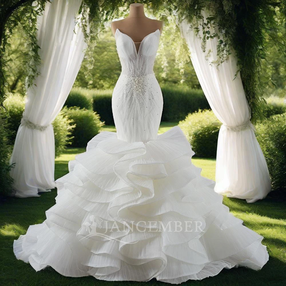 

Vestido de novia de princesa de encaje retro, sirena sin tirantes, encaje de cuentas vestido de novia oficial blanco RSM241065