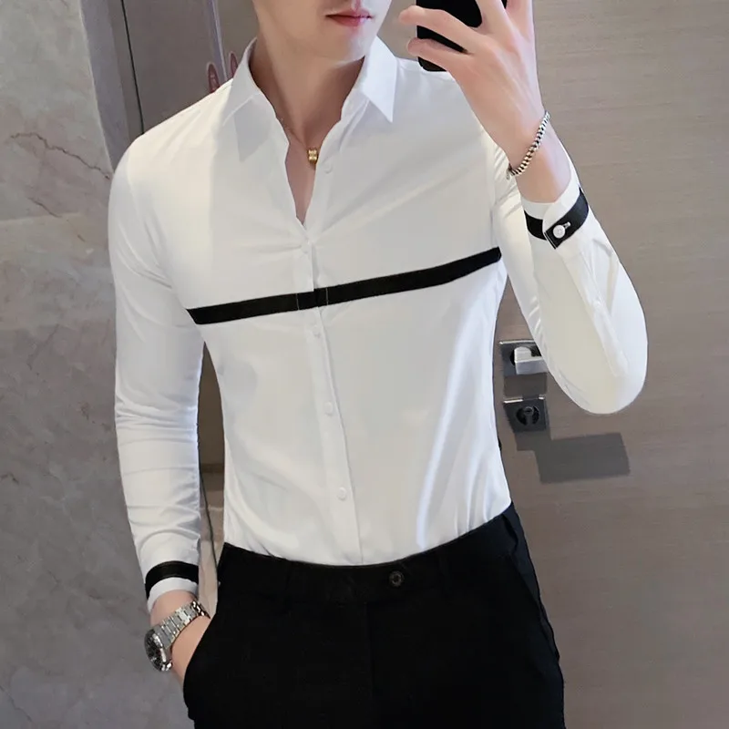 Autumn Long Sleeve Shirts Slim Fit Casual Business Formal Dress Shirts Ribbon Decoration Social Party Office Shirts Men Clothing