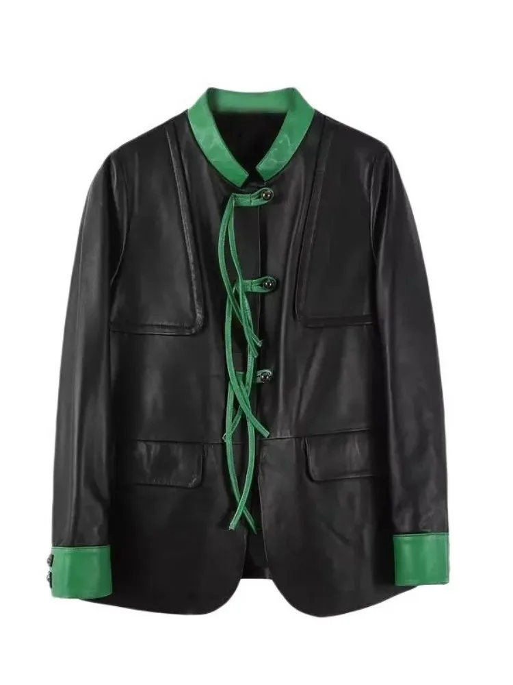 Chaqueta de piel de oveja auténtica para mujer, abrigo informal empalmado con cuello levantado, de un solo pecho, primavera y otoño