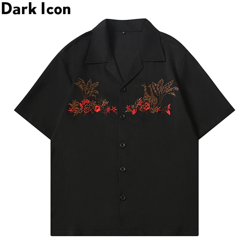

Dark Icon Flower Embroideried Men's Hawaiian Shirts Short Sleeve Summer Casual Shirts for Men