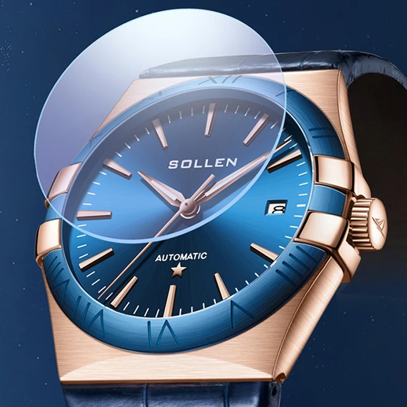 SOLLEN العلامة التجارية الفاخرة اليابان ميوتا حركة التلقائي الميكانيكية ساعات رجالية مضيئة مقاوم للماء موضة تاريخ السيارات ساعة جلدية