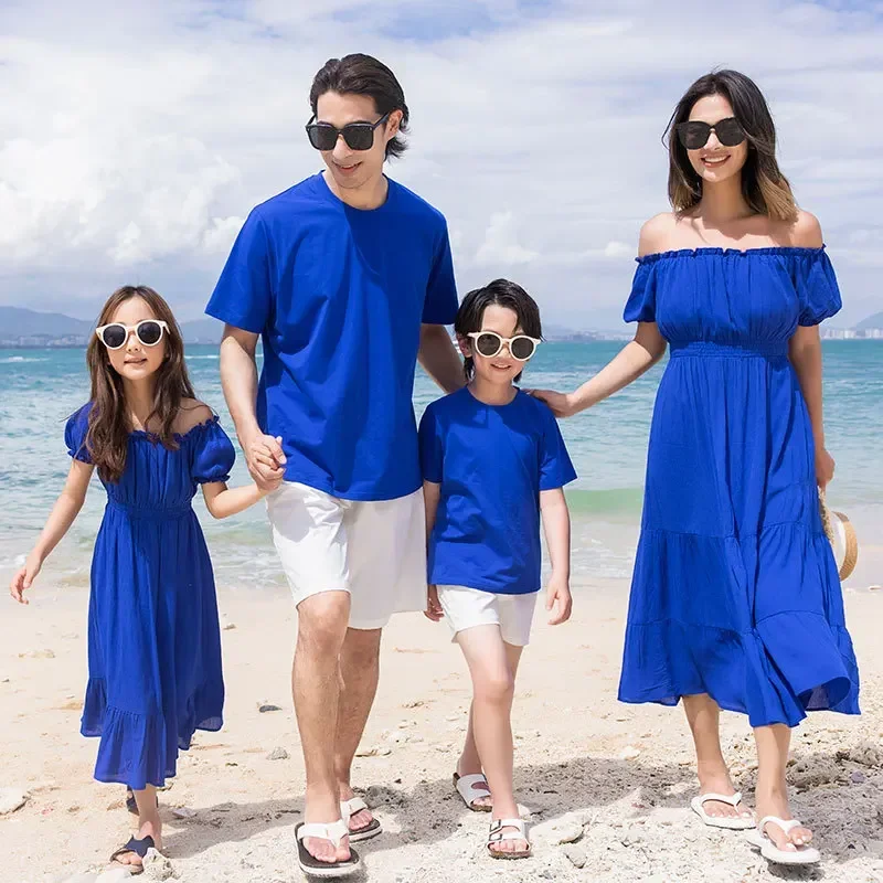 Dad and Daughter Matching Family Son and Mom Clothes Parent-child Outfit 2024 New Resorts Look Mother and Baby Blue Party Dress