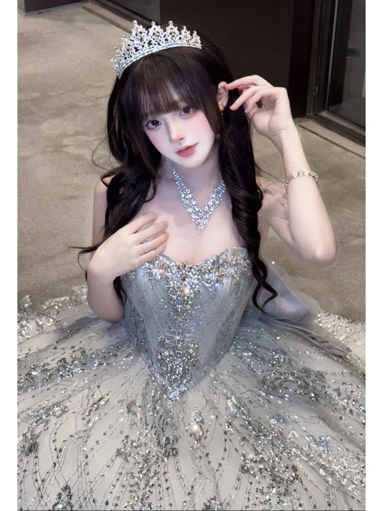 Lief meisje mouwloze lange balavondjurk met hoge taille High Sense verjaardag Bright Host Party Tube Top prinses maxi-jurken