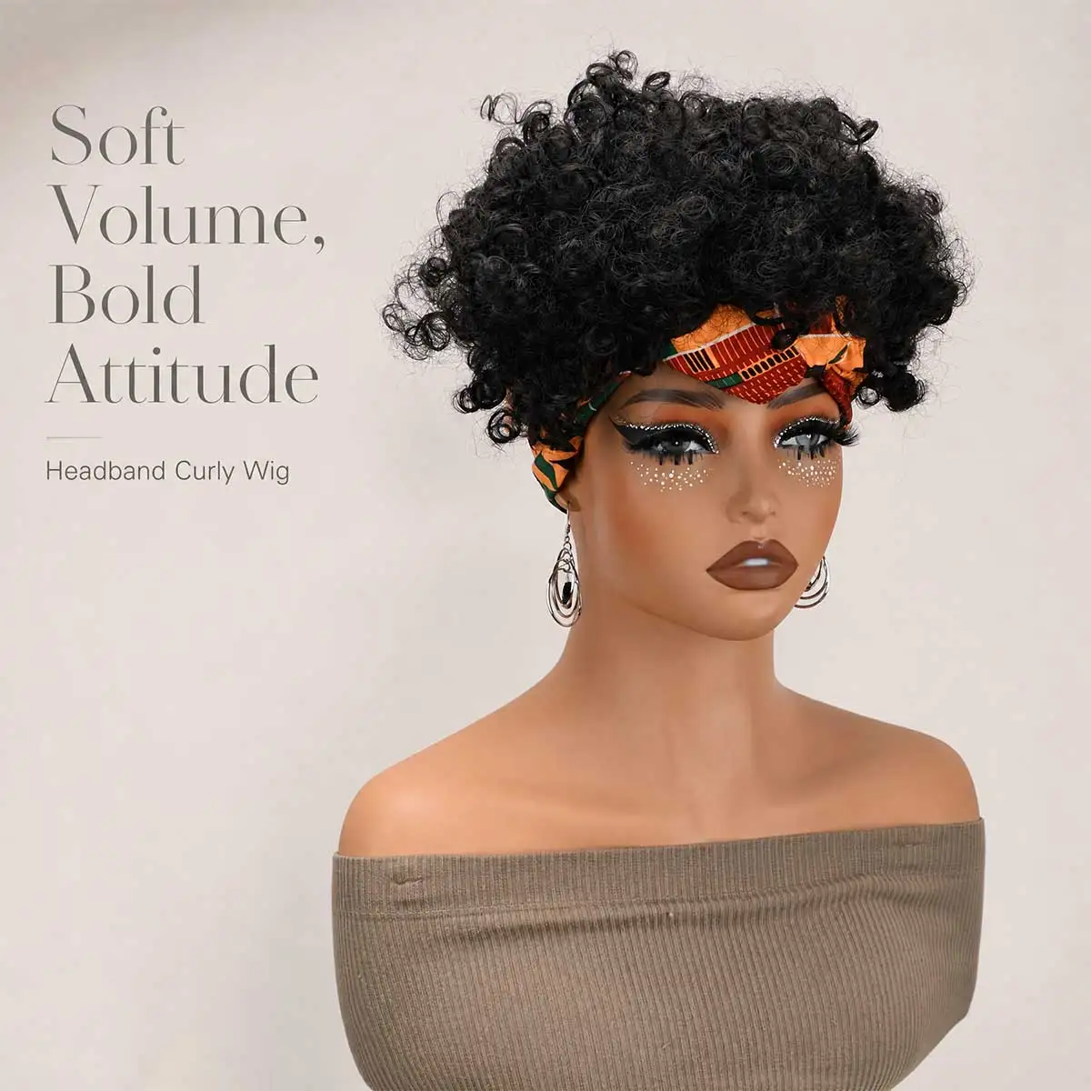 Short Voluminous Afro Puff Headband Wig with Print Turban Knot Synthetic Curly Puff Wig for African Women Quick Protective Style