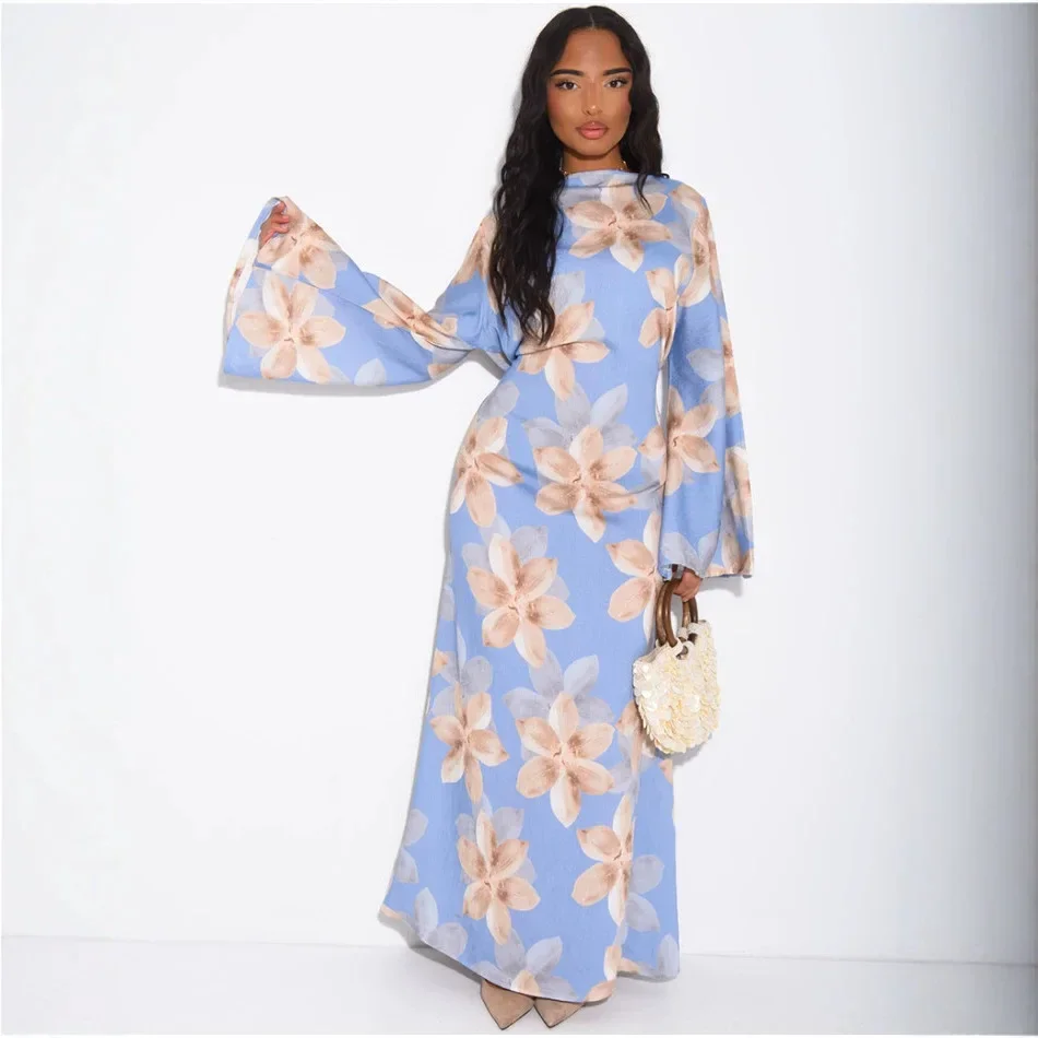 Women Dress Abaya Lace Up Kaftan Arab Long Robe Ramadan Morocco Dubai Vestidos Eid Jalabiya Muslim Flower Print Dresses Abayas