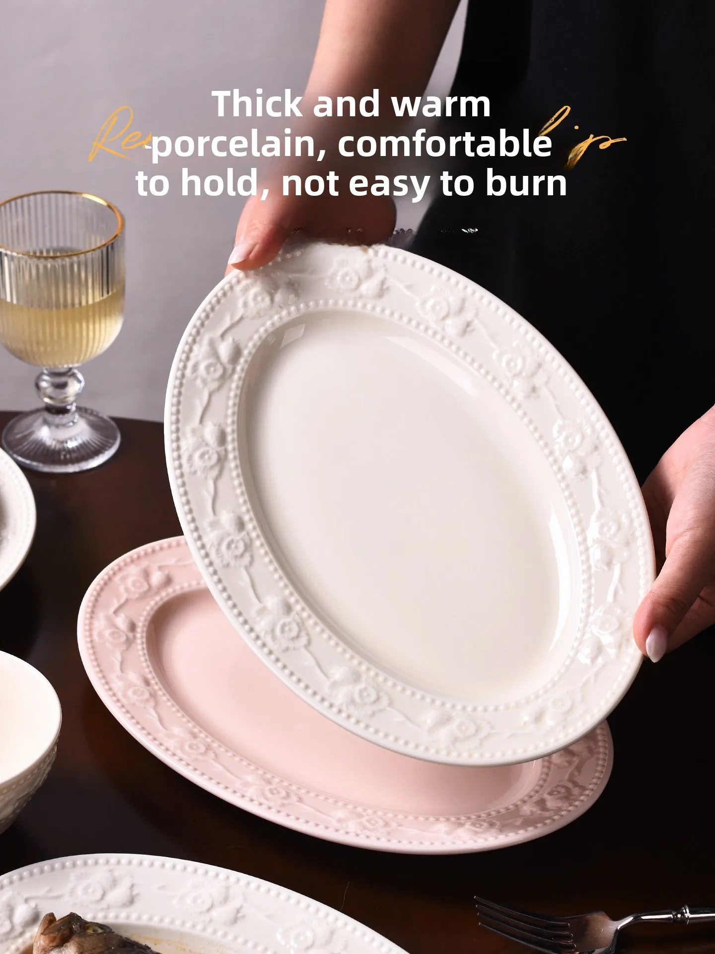 Underglaze Ceramic Fish Plate 12 Inch Steamed Fish Dish High Aesthetic Value French Style Court Theme Elliptical Shape Dish