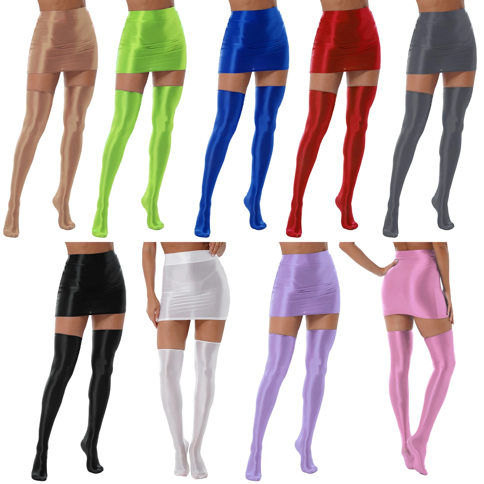 Women Sexy Mini Skirts Patent Leather Bodycon Pencil Skirt Nightclub Party Performance Costumes Micro Miniskirt with Stockings