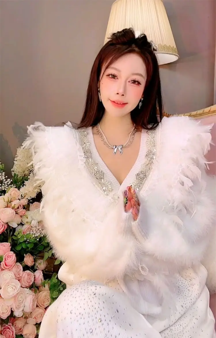 Cardigan tricoté ample pour femme, joli pull à perles et plumes de