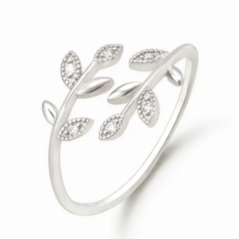 Trendy Shiny Crystal Leaf Ring Minimalist Retro Silver Color Adjustable Opening Rings For Women Party Wedding Jewelry Anillos image 3