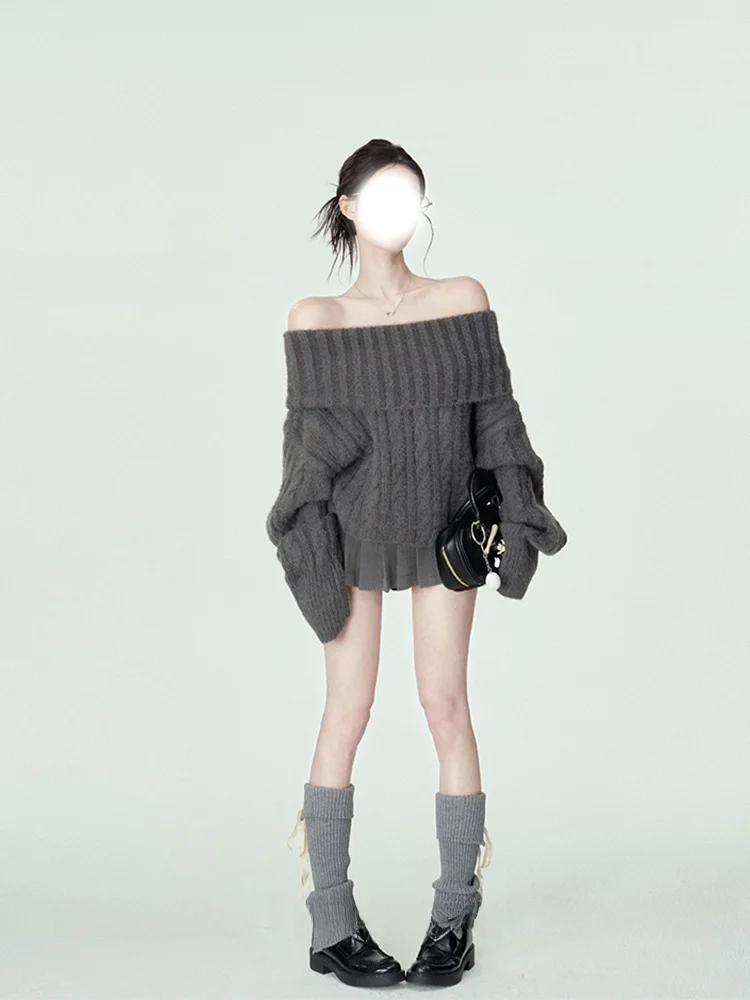 

Женский вязаный свитер оверсайз с одним открытым плечом, осенне-зимний, утепленный, свободный, в корейском стиле