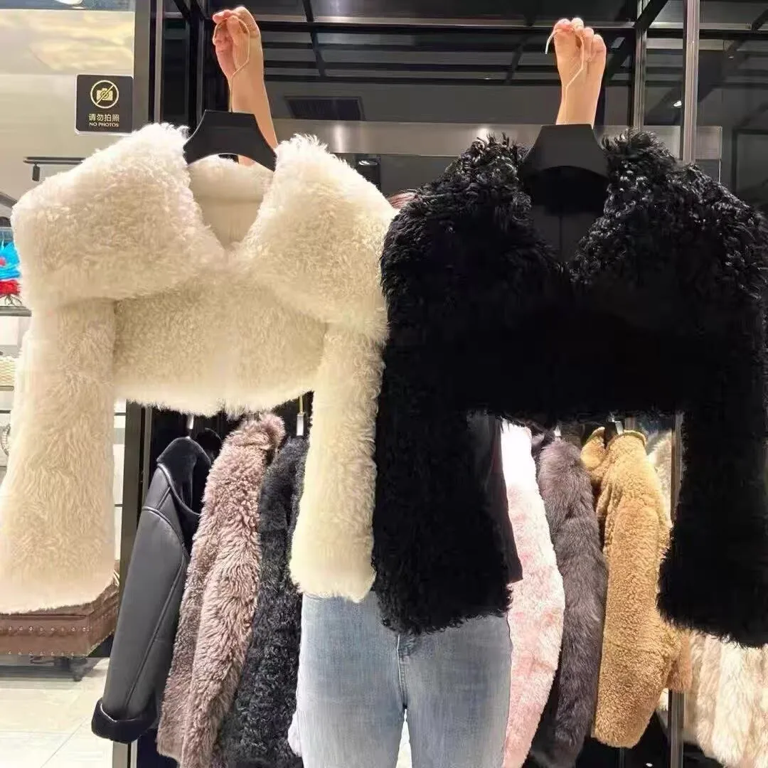 ZADORIN 2026 Chic Sailor Collar Cropped White Black Pink Faux Sheep Fur Coat Woman Sweet Short Faux Fur Jackets For Woman Tops